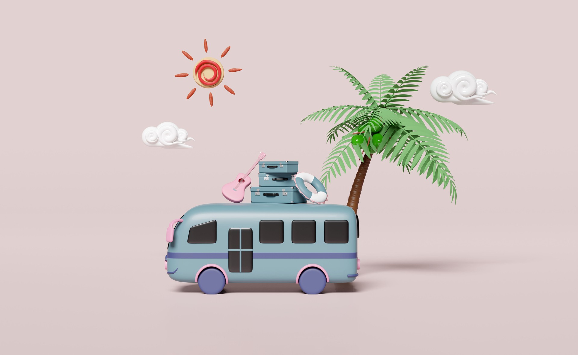3d tourist bus with luggage, guitar, lifebuoy, palms tree, sun, cloud isolated. summer travel concept, 3d render illustration